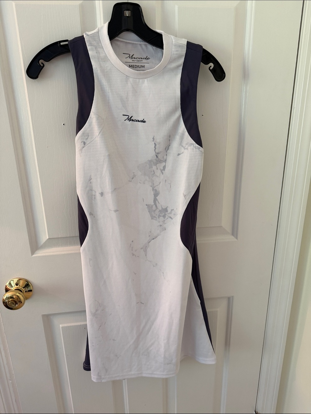 Macacdo Women's White Marble-Print Athletic Tank with Charcoal Panels